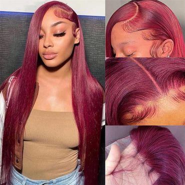 99J Red Burgundy Colored -HD Transparent - Pre Plucked Lace Frontal -Straight- 180% Density- 13x4 13x6- Human Hair Wigs