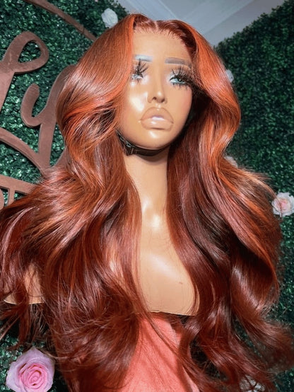 6x4 Lace Loose Wave Red Orange Highlights Wig with Face Framing Layers 150% Density