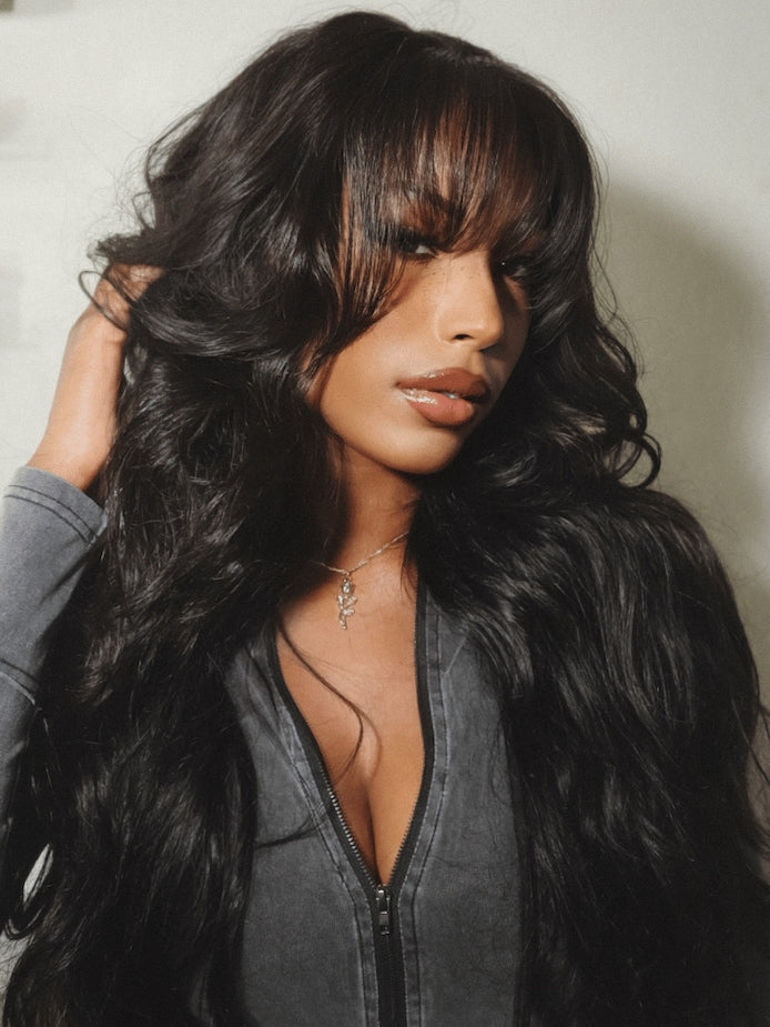 6x4 Lace Frontal Black Fluffy Natural Loose Wave Curtain Bangs Wig