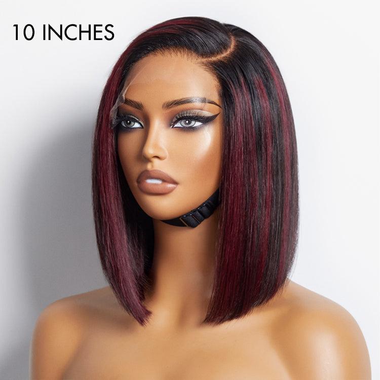 13×6 Dark Red Highlights Silky Blunt Cut C Part Glueless Minimalist HD Lace Bob Wig Beginner Friendly