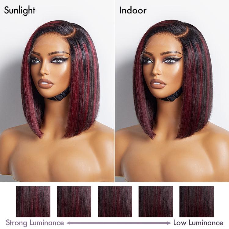 13×6 Dark Red Highlights Silky Blunt Cut C Part Glueless Minimalist HD Lace Bob Wig Beginner Friendly