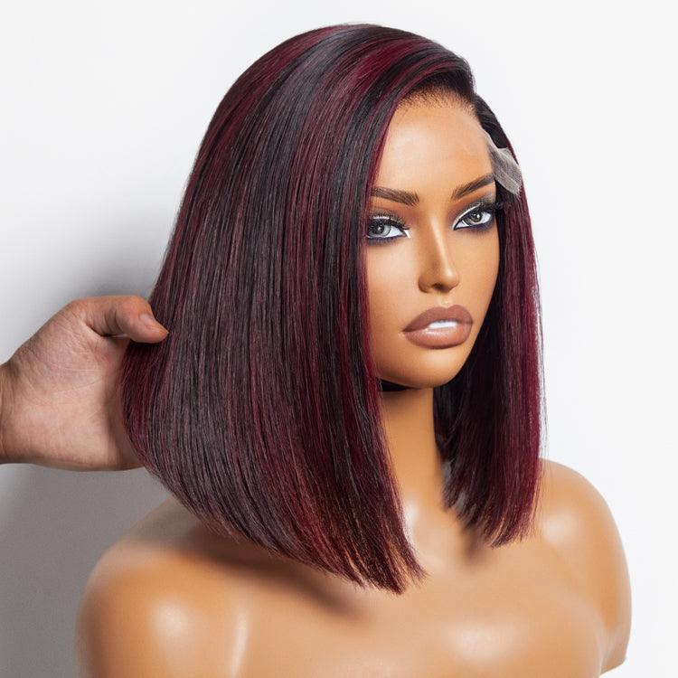 13×6 Dark Red Highlights Silky Blunt Cut C Part Glueless Minimalist HD Lace Bob Wig Beginner Friendly