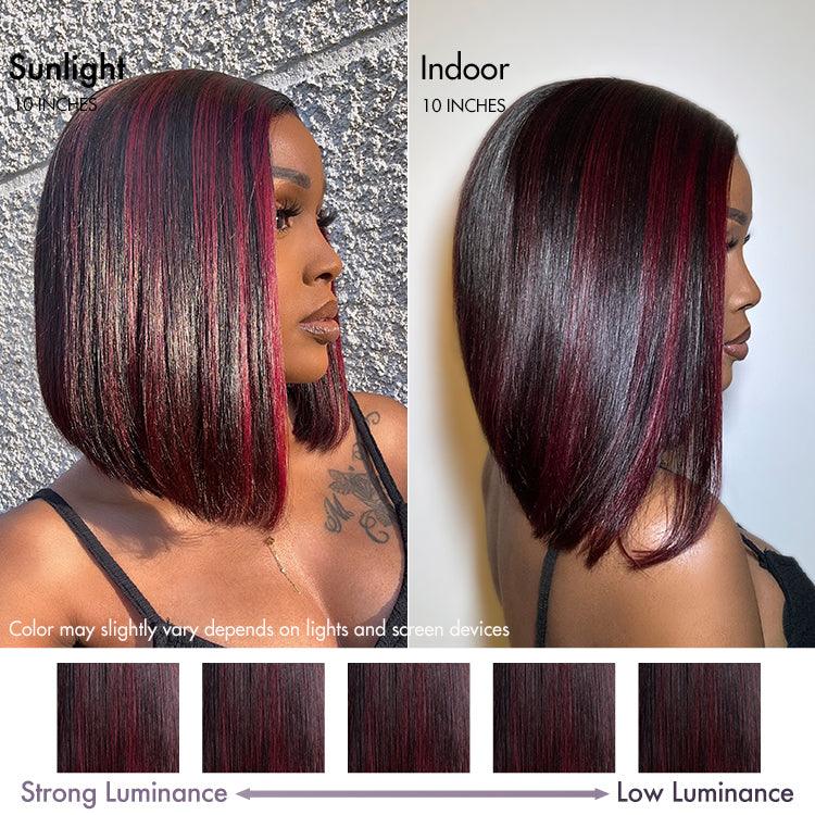 13×6 Dark Red Highlights Silky Blunt Cut C Part Glueless Minimalist HD Lace Bob Wig Beginner Friendly