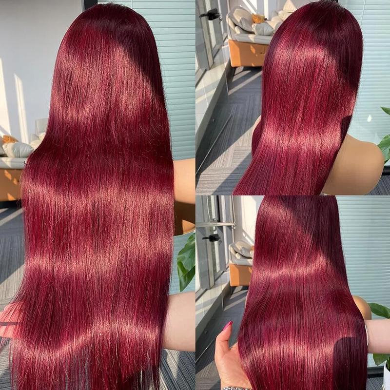 99J Red Burgundy Colored -HD Transparent - Pre Plucked Lace Frontal  -Straight- 180% Density- 13x4 13x6- Human Hair Wigs