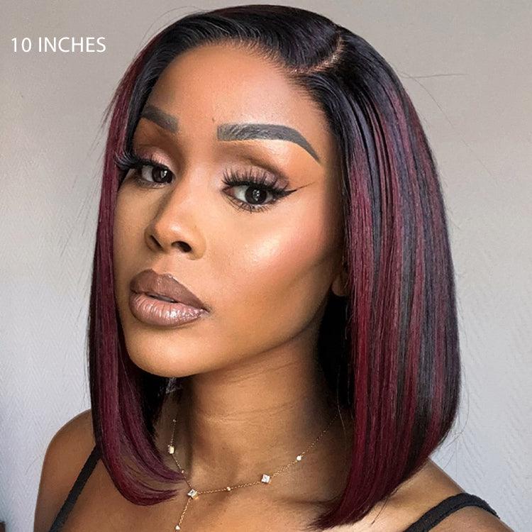 13×6 Dark Red Highlights Silky Blunt Cut C Part Glueless Minimalist HD Lace Bob Wig Beginner Friendly