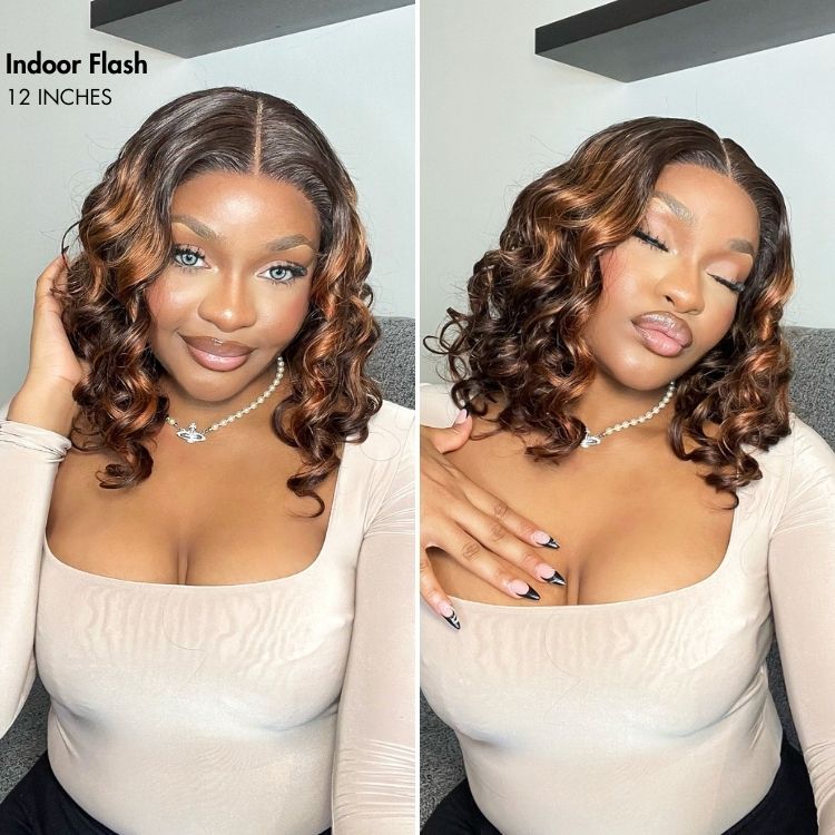 6×4 Elegant Brown Ombre Loose Wave Minimalist HD Lace Glueless Short Wig 100% Human Hair Pre-Cut Lace