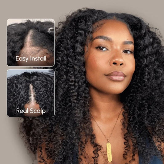 6×4 Beginner Friendly V Part Kinky Curly Wig Glueless Human Hair Wig 150% Density