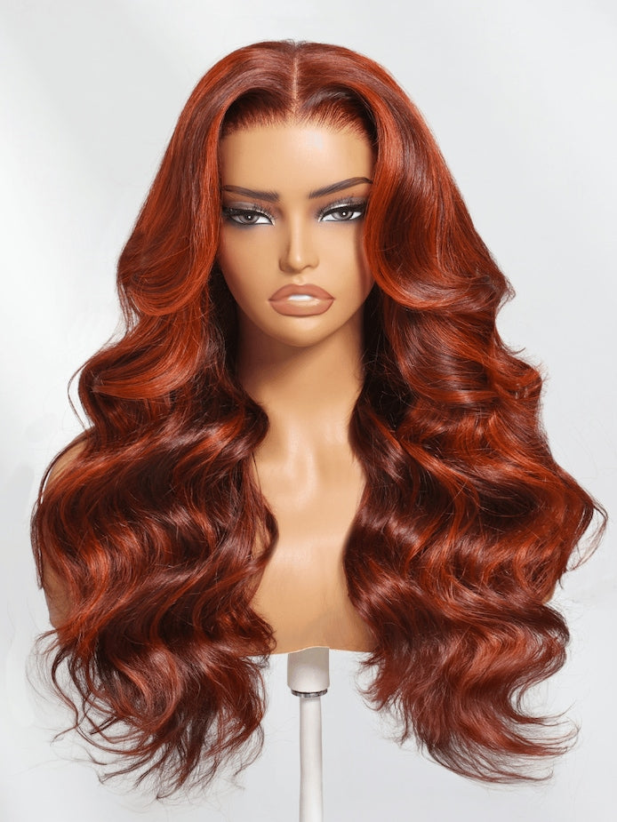 6x4 Lace Loose Wave Red Orange Highlights Wig with Face Framing Layers 150% Density