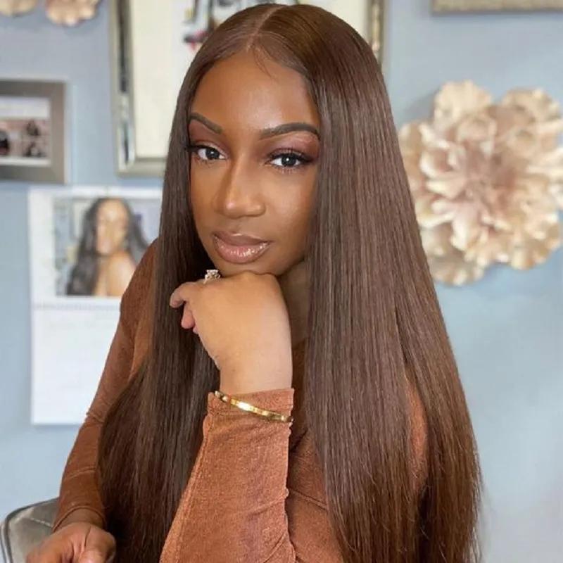 Chocolate Brown Straight-Lace Front Wig-HD Transparent Lace Frontal Wig-Human Hair-Preplucked-Colored Wigs-180% Density-13x4 13x6