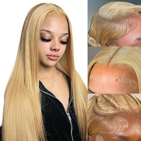 27# Honey Blonde Colored - HD Transparent Lace - Human Hair -  Frontal Wigs - Straight -180% Density - 13x4 13x6 -Glueless- Pre Plucked-Front Human Hair Wigs - For Women