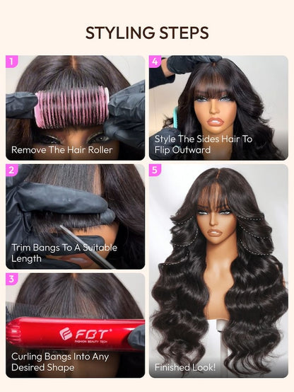 6x4 Lace Frontal Black Fluffy Natural Loose Wave Curtain Bangs Wig