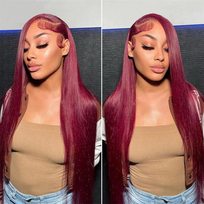 99J Red Burgundy Colored -HD Transparent - Pre Plucked Lace Frontal  -Straight- 180% Density- 13x4 13x6- Human Hair Wigs