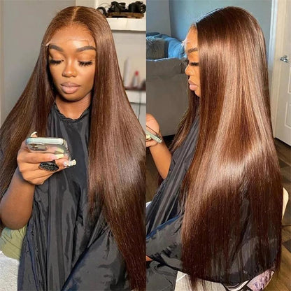 Chocolate Brown Straight-Lace Front Wig-HD Transparent Lace Frontal Wig-Human Hair-Preplucked-Colored Wigs-180% Density-13x4 13x6