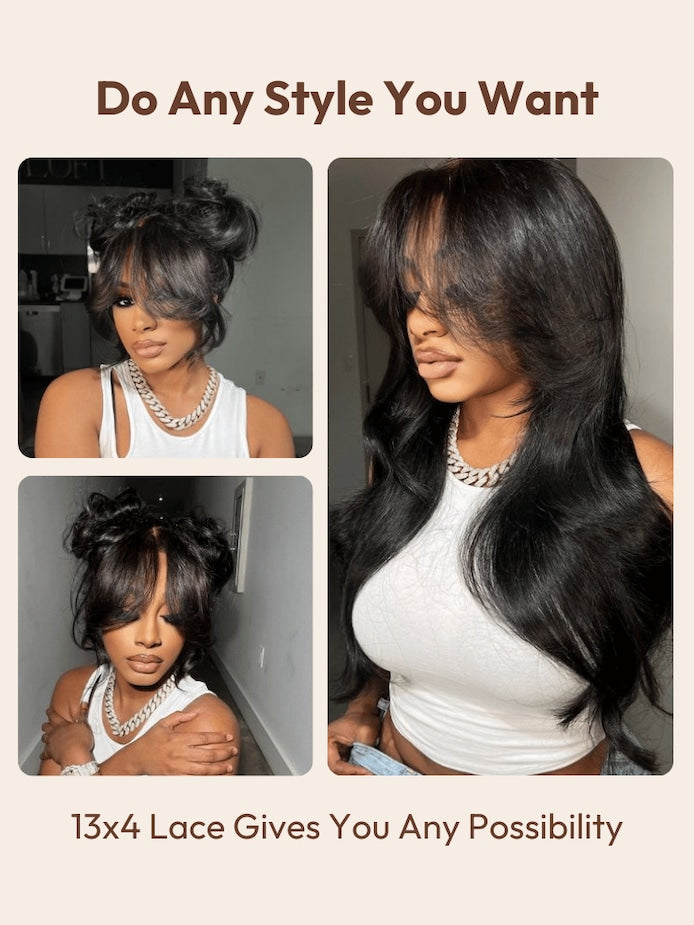 6x4 Lace Frontal Black Fluffy Natural Loose Wave Curtain Bangs Wig