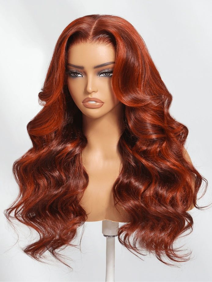 6x4 Lace Loose Wave Red Orange Highlights Wig with Face Framing Layers 150% Density