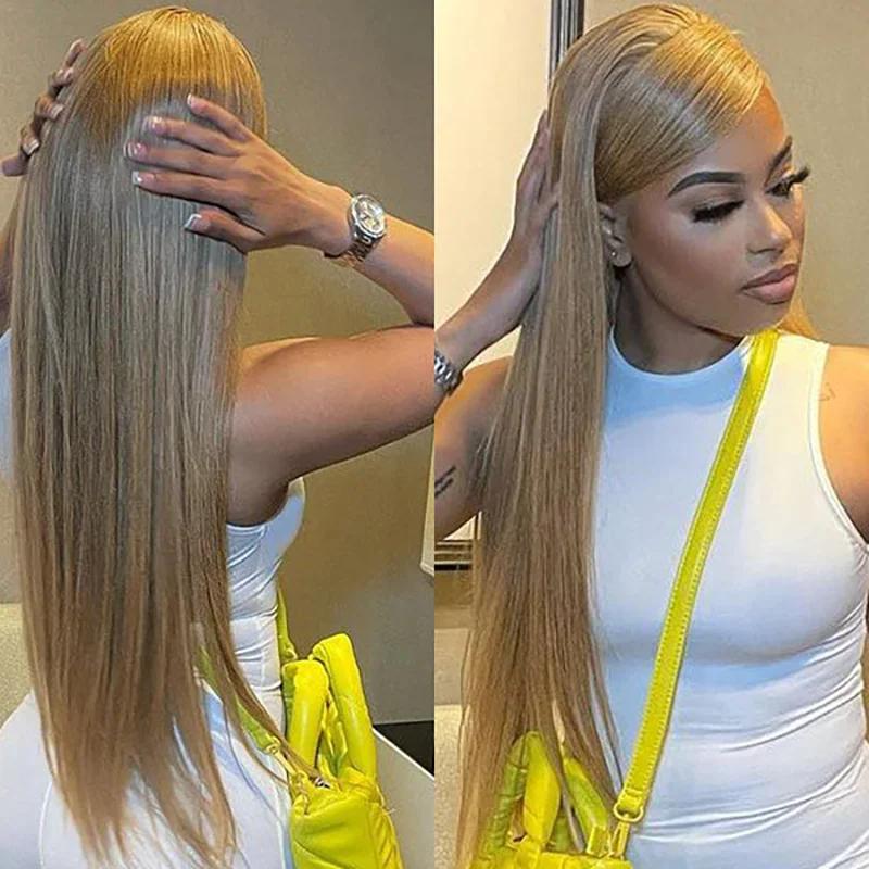 27# Honey Blonde Colored - HD Transparent Lace - Human Hair -  Frontal Wigs - Straight -180% Density - 13x4 13x6 -Glueless- Pre Plucked-Front Human Hair Wigs - For Women