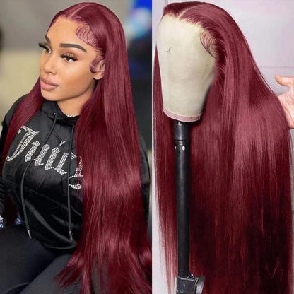 99J Red Burgundy Colored -HD Transparent - Pre Plucked Lace Frontal  -Straight- 180% Density- 13x4 13x6- Human Hair Wigs