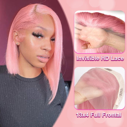 13×6 Hot Pink Bob Lace Front Wigs Human Hair Pre Plucked Straight Frontal Bob Wig Short Wigs