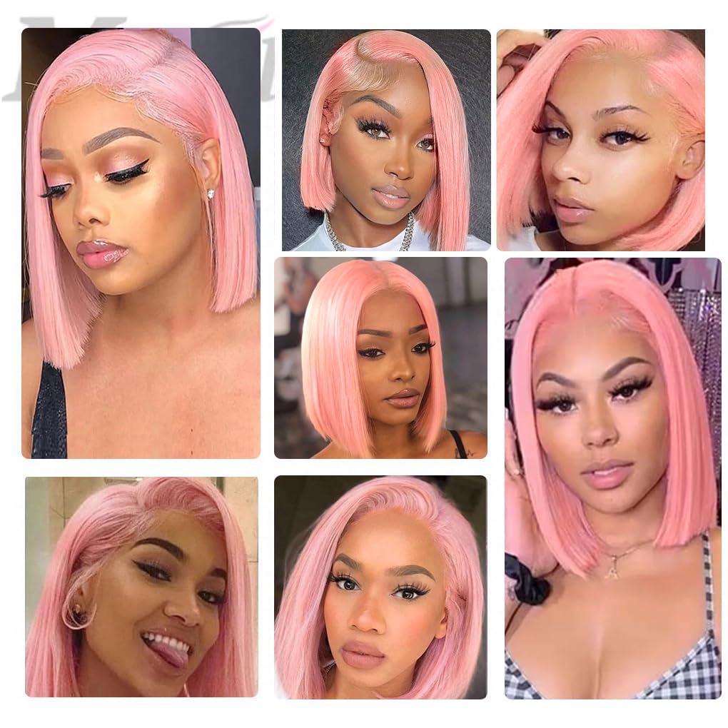 13×6 Hot Pink Bob Lace Front Wigs Human Hair Pre Plucked Straight Frontal Bob Wig Short Wigs