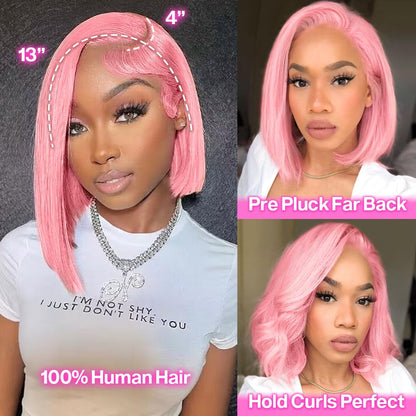 13×6 Hot Pink Bob Lace Front Wigs Human Hair Pre Plucked Straight Frontal Bob Wig Short Wigs