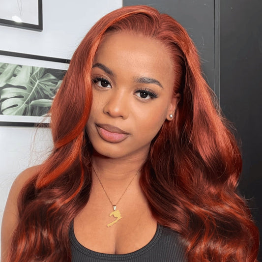 6x4 Lace Loose Wave Red Orange Highlights Wig with Face Framing Layers 150% Density