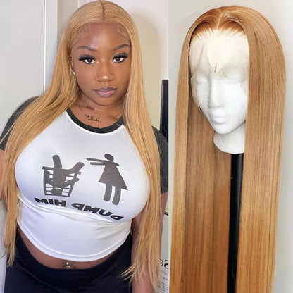 27# Honey Blonde Colored - HD Transparent Lace - Human Hair -  Frontal Wigs - Straight -180% Density - 13x4 13x6 -Glueless- Pre Plucked-Front Human Hair Wigs - For Women