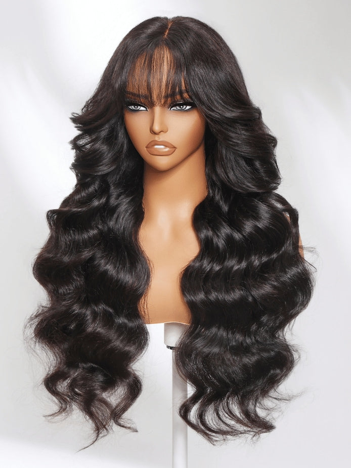 6x4 Lace Frontal Black Fluffy Natural Loose Wave Curtain Bangs Wig