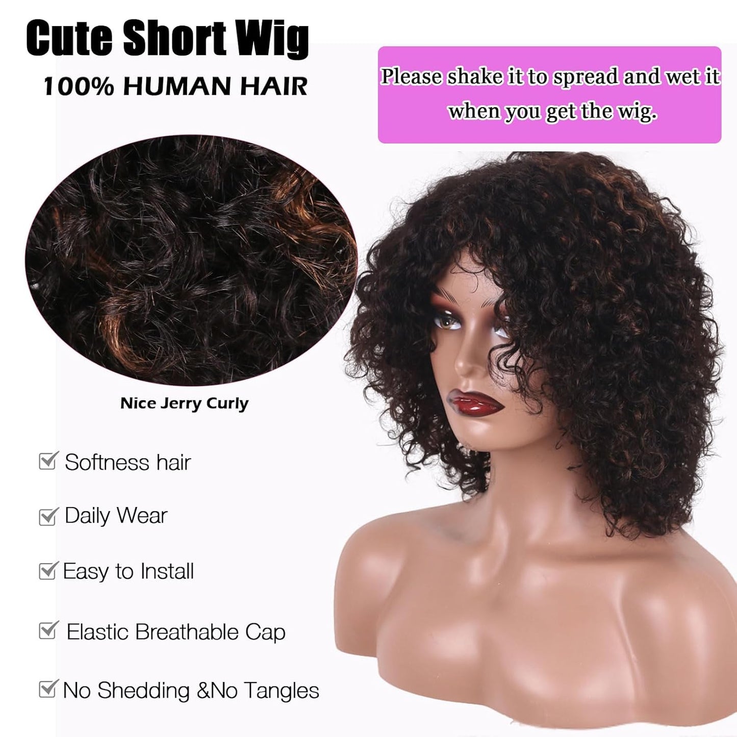 6×4 Kinky Curly Afro Wig No Lace Front Glueless Wig Highlight Ombre Side Part Jerry Curl Wig -100% Brazilian Human Hair