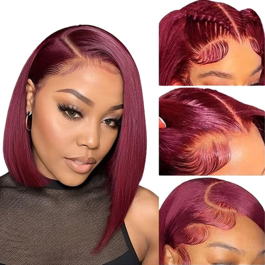 99j Burgundy Bob Wig Human Hair Wigs 13×6 Pre Plucked  Transparent Lace Frontal Wig