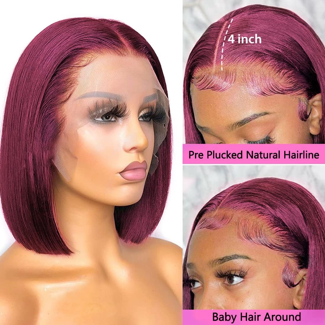 99j Burgundy Bob Wig Human Hair Wigs 13×6 Pre Plucked  Transparent Lace Frontal Wig