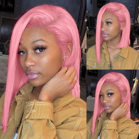 13×6 Hot Pink Bob Lace Front Wigs Human Hair Pre Plucked Straight Frontal Bob Wig Short Wigs