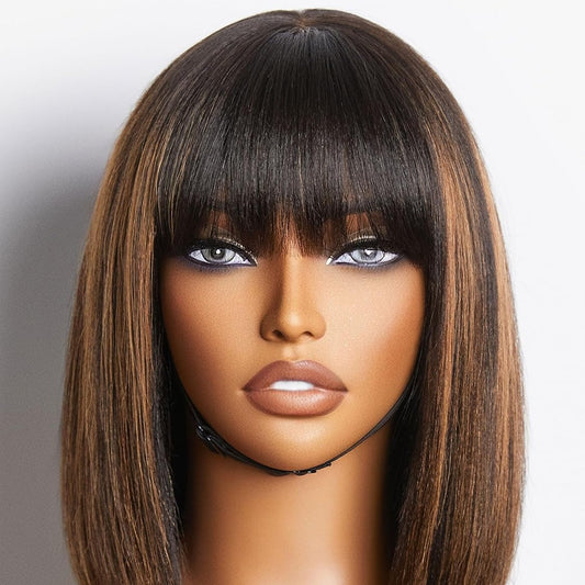 13×6 Yaki Straight Bob Wig with Bangs Human Hair Glueless HD Lace Bob Wig with Brown Highlights