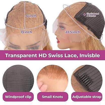 27# Honey Blonde Colored - HD Transparent Lace - Human Hair -  Frontal Wigs - Straight -180% Density - 13x4 13x6 -Glueless- Pre Plucked-Front Human Hair Wigs - For Women