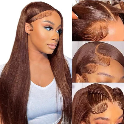 Chocolate Brown Straight-Lace Front Wig-HD Transparent Lace Frontal Wig-Human Hair-Preplucked-Colored Wigs-180% Density-13x4 13x6