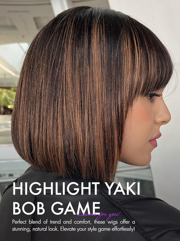 13×6 Yaki Straight Bob Wig with Bangs Human Hair Glueless HD Lace Bob Wig with Brown Highlights