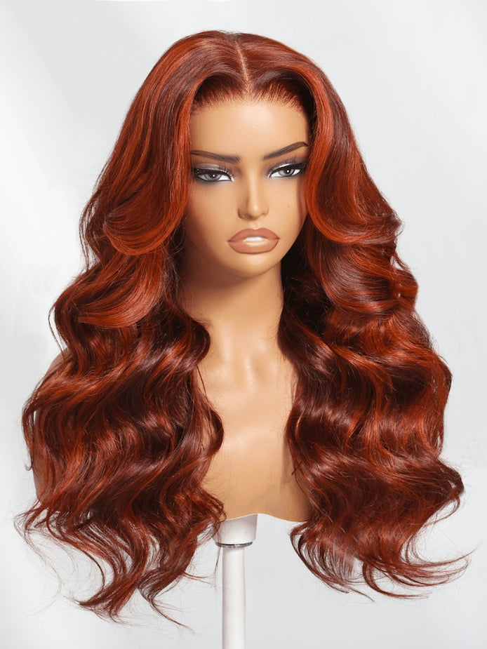 6x4 Lace Loose Wave Red Orange Highlights Wig with Face Framing Layers 150% Density