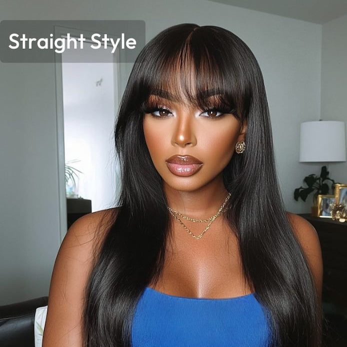 6x4 Lace Frontal Black Fluffy Natural Loose Wave Curtain Bangs Wig