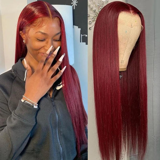 99J Red Burgundy Colored -HD Transparent - Pre Plucked Lace Frontal  -Straight- 180% Density- 13x4 13x6- Human Hair Wigs