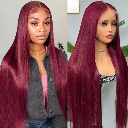 99J Red Burgundy Colored -HD Transparent - Pre Plucked Lace Frontal  -Straight- 180% Density- 13x4 13x6- Human Hair Wigs